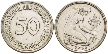 ФРГ 50 ПФЕННИГОВ 1950 F KM 109.1, J. 384 медно-никель 4532-342