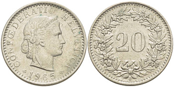 ШВЕЙЦАРИЯ 20 РАППЕНОВ 1965 В KM 29а медно-никель 4511-933