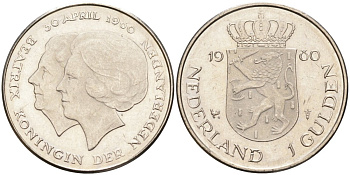 Нидерланды 1 гульден 1980 на коронацию Беатрикс, 30 апреля 1980 KM 200 никель 4563-241