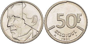 БЕЛЬГИЯ 50 ФРАНКОВ 1990 BELGIQUE, БОДУЭН I (1951-1993) KM 168 никель 210-945