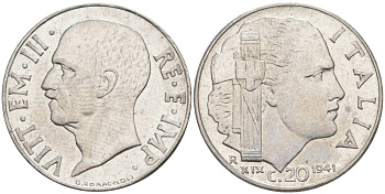 ИТАЛИЯ 20 ЧЕНТЕЗИМО 1941 R, ГОД XIX, ВИКТОР ЭММАНУИЛ III (1900-1946) KM 75b, VEM3. 1028 нержавеющая сталь 3853-1142