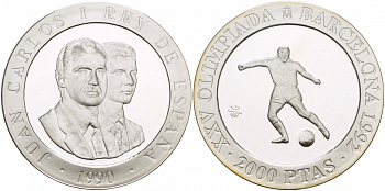 Испания 2000 песет 1990 XXV летние Олимпийские игры 1992 года в Барселоне, футбол KM 862 серебро PROOF 1088-8-32