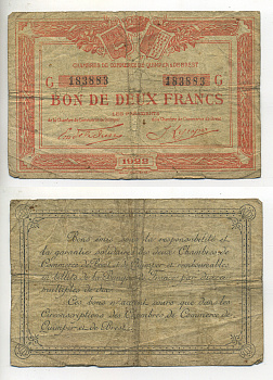 ФРАНЦИЯ 10 ФРАНКОВ 1922 РЕГИОНАЛЬНЫЙ БОН ГОРОДОВ КЕМПЕР И БРЕСТ бумага 7552-29-3