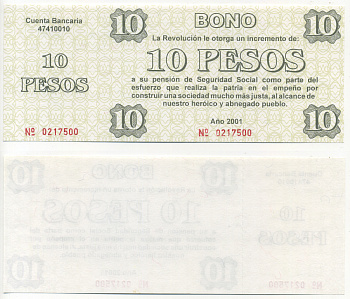Куба талон на 10 песо 2001 увеличение фонда социальной защиты для пенсионеров и ветеранов революции, с корешком   бумага  UNC (пресс) 439-73-1-1