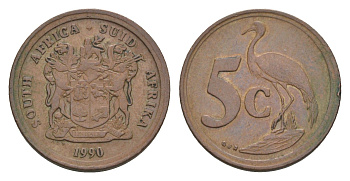 ЮАР 5 центов 1990 герб, райский журавль KM 134 сталь плакированная медью 4364-3636