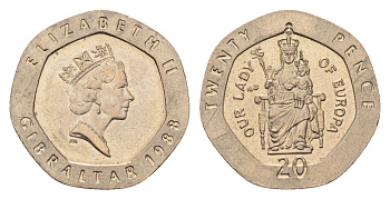 Гибралтар 20 пенсов 1988 KM 16 медно-никель UNC 4668-523