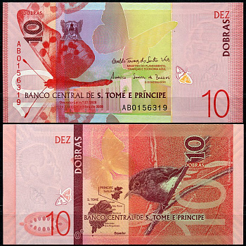 Сан-Томе и Принсипи 10 добра 2020 бабочка, карта, птица Pick 77 a  бумага  UNC (пресс) 448-117-2