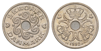 Дания 2 кроны 1992 Маргрете II (1972-2024) KM 874 медно-никель 190-745
