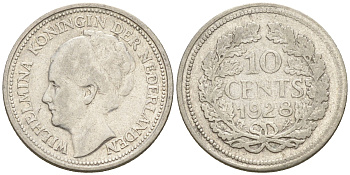 Нидерланды 10 центов 1928 Вильгельмина I (1890-1948) КМ 163 серебро    4602-524
