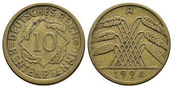 ГЕРМАНИЯ 10 РЕНТЕНПФЕННИГОВ 1924 A KM 33, J. 309, Weege 8 алюминиевая бронза 4380-935