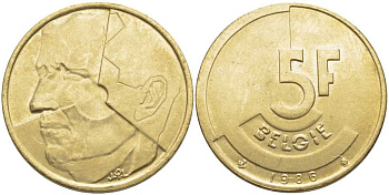 БЕЛЬГИЯ 5 ФРАНКОВ 1986 BELGIE, БОДУЭН I (1951-1993) KM 164 латунь или алюминиевая бронза 119-846