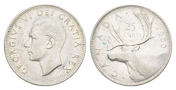 Канада 25 центов 1950 Георг V (1910-1936), олень KM 44 серебро 73-1345