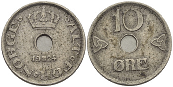 НОРВЕГИЯ 10 ЭРЕ 1924 KM 383 медно-никель 100-115
