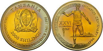 Танзания 2000 шиллингов 1996 XXVI Олимпийские игры 1996 года в Атланте, 100 лет Олимпийскому движению, финиш пробник, рубчатый гурт латунь PROOF 06-156-31