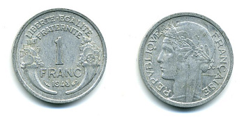 ФРАНЦИЯ 1 ФРАНК 1948 ТИП MORLON, LEGERE KM 885a.1, LE FRANC 221.13 алюминий 41-235