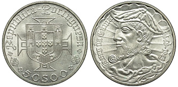 Португалия 50 эскудо 1969 500 лет со дня рождения Васко да Гама KM 598 серебро 00-00