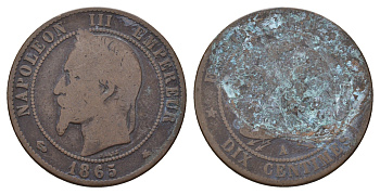 Франция 10 сантимов 1865 A, Наполеон III (1852-1870) KM  798.1 бронза 34-235