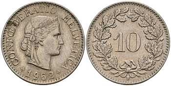Швейцария 10 раппенов 1962 B KM 27 медно-никель 4189-364