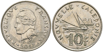 Французская Новая Каледония 10 франков 2012 рыбачья парусная лодка, (IEOM) KM 11a, Schoen 13a, Lec 99k медно-никель 65-655