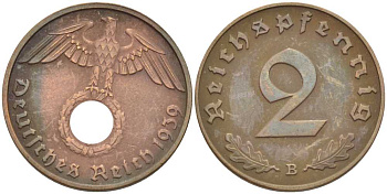 ГЕРМАНИЯ 2 РЕЙХСПФЕННИГА 1939 B KM 90, J. 362 бронза 261-1025