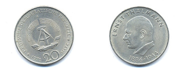 ГДР 20 марок 1971 A, 85 лет со дня рождения Эрнста Тельмана KM 34, J. 1535 медно-никель 3333-623