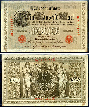 Германия 1000 марок 1910 21 апреля 1910, красная печать, номер семизначный, серия K, буква R, выпуск АПРЕЛЬ - ИЮЛЬ 1918 Pick 44 b бумага 2194-38-1-1