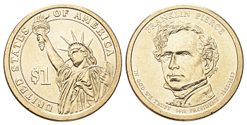 США 1 доллар 2010 Президент США - Франклин Пирс (1853-1857) KM 476 медь с марганцево-латунным покрытием UNC 4666-955