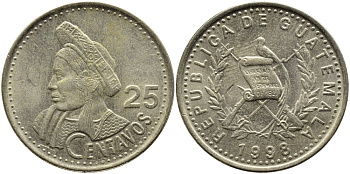 Гватемала 25 сентаво 1998 Республика Гватемала KM 278.6 медно-никель 4389-431