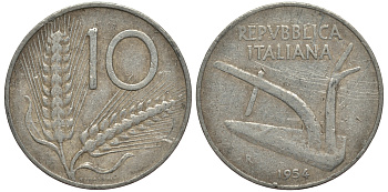 ИТАЛИЯ 10 ЛИР 1954 R, КОЛОСЬЯ, ПЛУГ KM 93 алюминий G 4182-521