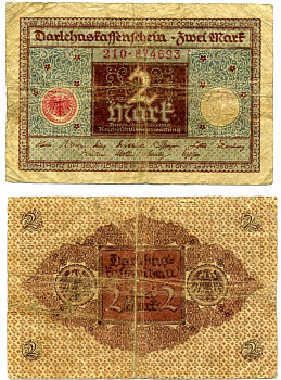 Германия 2 марки 1920 1 марта 1920, коричнево-голубая, серия 210 Pick 60, Розенберг 65а бумага VF 2195-33-2-2