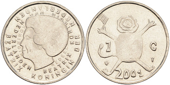 Нидерланды 1 гульден 2001 прощай гульден, детский рисунок, лев с флагом в руках KM 233 никель 4171-146