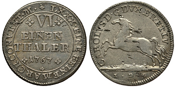 Брауншвейг-Вольфенбюттель 1/6 талера 1767 IDB, вес 5,12 гр. KM 971 серебро 413-1321