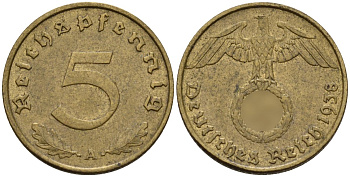 Германия 5 рейхспфеннигов 1938 A KM 91, J. 363 алюминиевая бронза 4151-766