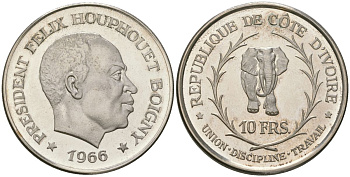 Кот-д'Ивуар 10 франков 1966 союз, дисциплина, работа KM 1 серебро PROOF 11-244-44