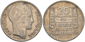 Франция 20 франков 1933 Пьер Тюрен KM 879, Le Franc 400.3 серебро 107-822