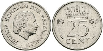 НИДЕРЛАНДЫ 25 ЦЕНТОВ 1964 ЮЛИАНА KM 183 никель 96-157
