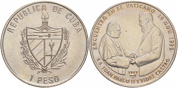 Куба 1 песо 1997 визит Фиделя Кастро в Ватикан, Фидель и Иоанн Павел II KM 612 медно-никель UNC 00-00