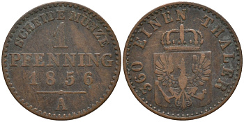 Пруссия 1 пфенниг 1856 A, Фридрих Вильгельм IV (1840-1861) KM 451 медь 4532-223