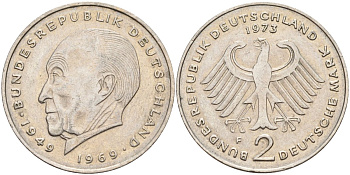ФРГ 2 марки 1973 F, Конрад Аденауэр, 20 лет Федеративной Республике (1949-1969) KM 124, J. 406 медно-никель плакированный никелем 4137-434