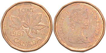 Канада 1 цент 1987 Елизавета II (1952-2022), кленовый лист KM 132 бронза 99-861