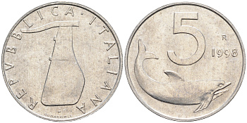 Италия 5 лир 1998 R, дельфин KM 92 алюминий  UNC  4594-762