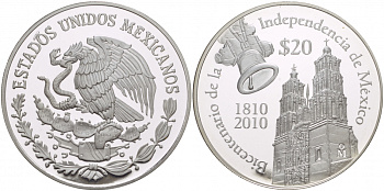 Мексика 20 песо 2010 200 лет независимости Мексики, костел KM NEW серебро PROOF 00-000-00