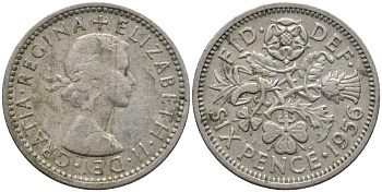 Великобритания 6 пенсов 1956 Елизавета II (1952-2022) KM 903, Spink 4149 медно-никель 4567-511