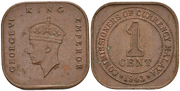 Британская Малайя 1 цент 1943 Георг VI (1937-1952) KM 6 бронза 4153-626