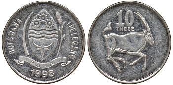 Ботсвана 10 тхебе 1998 сернобык KM 27 никелированная сталь 4164-538
