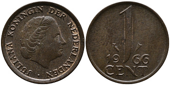 НИДЕРЛАНДЫ 1 ЦЕНТ 1966 ЮЛИАНА KM 180 бронза 71-436