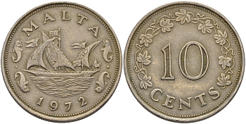 Мальта 10 центов 1972 баржа Великого магистра KM 11 медно-никель 82-416