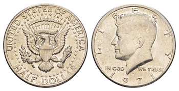 США 1/2 доллара (50 центов) 1971 D, Джон Кеннеди KM 202b медь плакированная медно-никелем aUNC 88-345