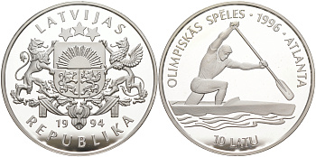 Латвия 10 латов 1994 XXVI летние Олимпийские игры в Атланте 1996 год, гребля на каноэ KM 24 серебро PROOF 02-115-31