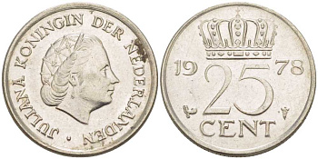НИДЕРЛАНДЫ 25 ЦЕНТОВ 1978 ЮЛИАНА (1948-1980) KM 183 никель 214-1117